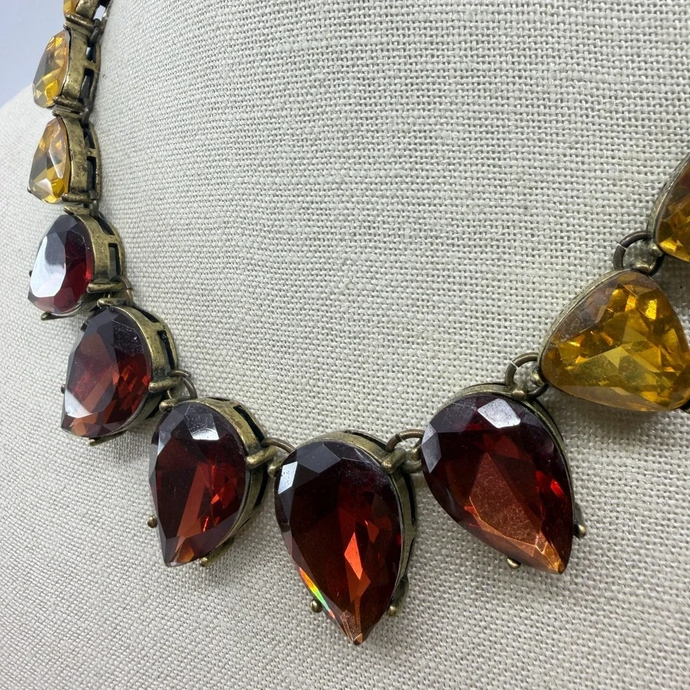 Amber & Gold Tone Red Facet Teardrop Acrylic Antiqued Chunky Statement Necklace